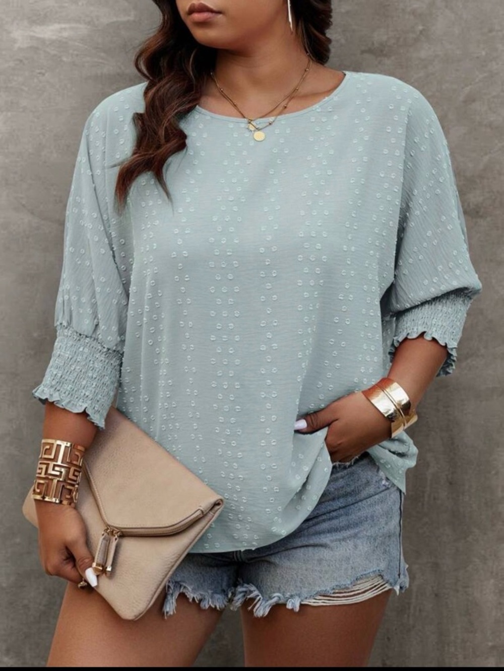 SHEIN Light Blue/green Swiss Dot Smocked Sleeve Tunic Top